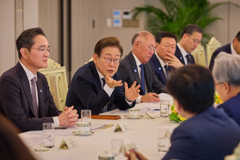 (서울=뉴스1) 허경 기자 = 이재명 대통령이 13일 서울 용산구 대통령실에서 열린 6경제단체와 기업인 간담회에서 발언하고 있다. (대통령실 제공. 재판매 및 <span id='_stock_code_012030' data-stockcode='012030'>DB</span> 금지) 2025.6.13/뉴스1 /사진=뉴스1화상