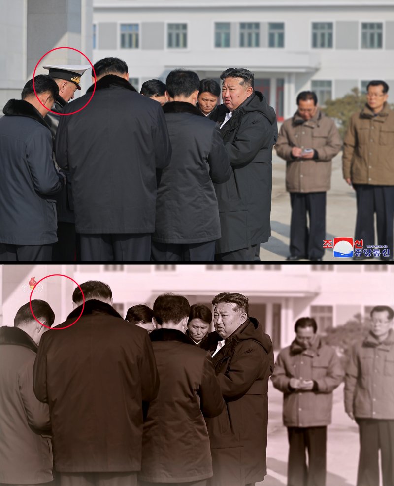 북한 조선중앙TV가 지난 13일 방영한 구축함 '강건호' 진수기념식 영상에서 김정은 국무위원장의 지난 3월 함선건조사업 현지시찰 사진(위)을 재공개하면서 당초 김 위원장과 함께 있던 김명식 전 해군사령관(아래)을 완전히 삭제한 채 편집해 내보냈다. 해군사령관은 김명식 대신 동해함대사령관이었던 박광섭(상장)으로 교체된 것으로 확인됐다. 사진=연합뉴스