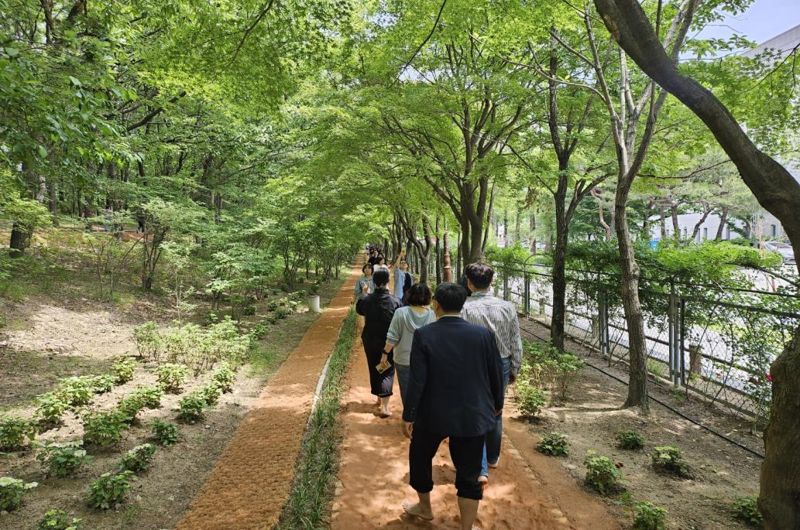 점심시간을 활용, 대전 한밭수목원 황톳길 산책로를 맨발로 걷고 있는 시민들.