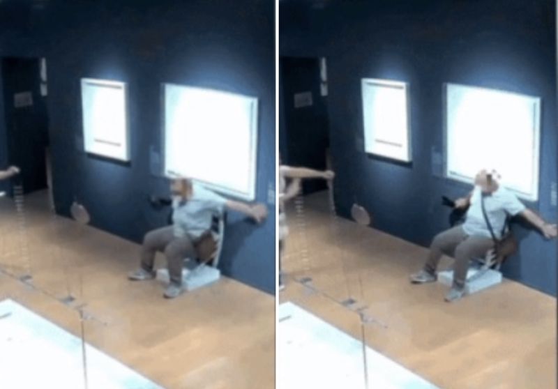 이탈리아의 한 박물관에서 수백 개의 크리스털로 덮인 전시 의자를 파손한 커플의 영상이 공개됐다. /사진=BBC, 뉴시스