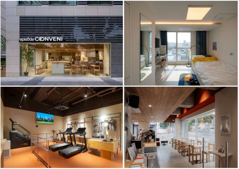 에피소드 컨비니 가산 외관과 전용 싱글타입, 공용공간 모습. <span id='_stock_code_034730' data-stockcode='034730'>SK</span>디앤디 제공