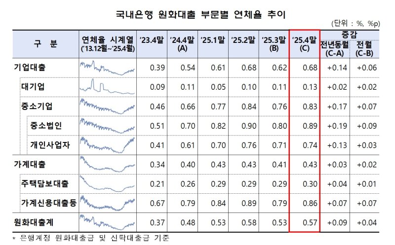 국내은행 원화대출 부문별 연체율 추이. 금융감독원 제공