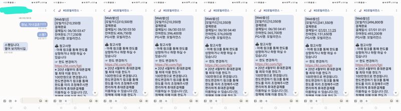 지인을 사칭해 보낸 청첩장 문자를 클릭했다가 200만원 넘는 금액이 몰래 결제되는 보이스피싱 사례가 발생했다. 사진은 피해자가 지난달 30일부터 지난 1일까지 받은 결제 문자. 제보자 제공