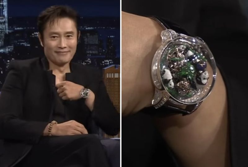 배우 이병헌이 미국 NBC의 인기 토크쇼 '더 투나잇 쇼 스타링 지미 팰런(The Tonight Show Starring Jimmy Fallon)' 출연 당시 착용한 시계/사진=지미팰런쇼 캡처, 동아일보