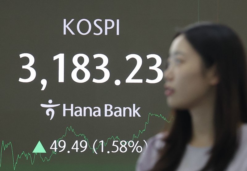 코스피가 전장보다 49.49p(1.58%) 오른 3183.23로 마감하며 연중 최고점을 경신한 10일 오후 서울 중구 하나은행 딜링룸에서 딜러들이 업무를 보고 있다. 연합뉴스