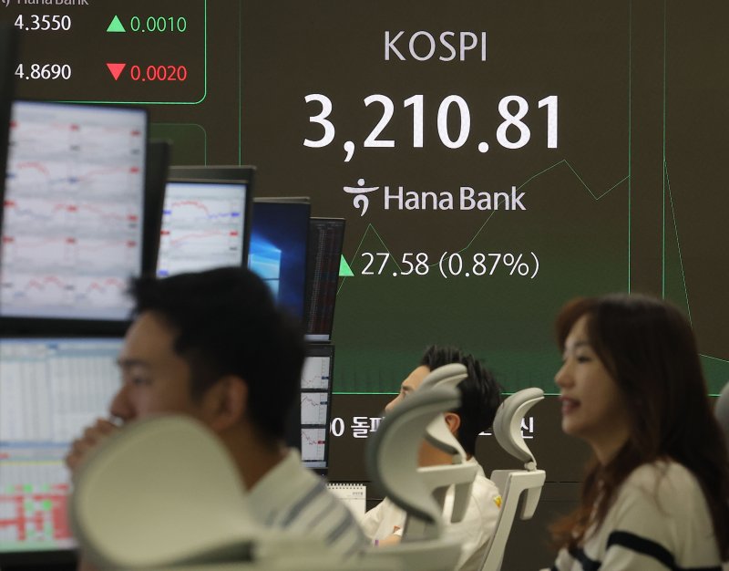 코스피 장중 3,200 돌파…연고점 또 경신 (서울=연합뉴스) 류영석 기자 = 코스피가 장중 3,200을 돌파하며 연고점을 경신한 11일 오전 서울 중구 하나은행 본점 딜링룸에서 딜러들이 업무를 보고 있다. 2025.7.11 ondol@yna.co.kr (끝)