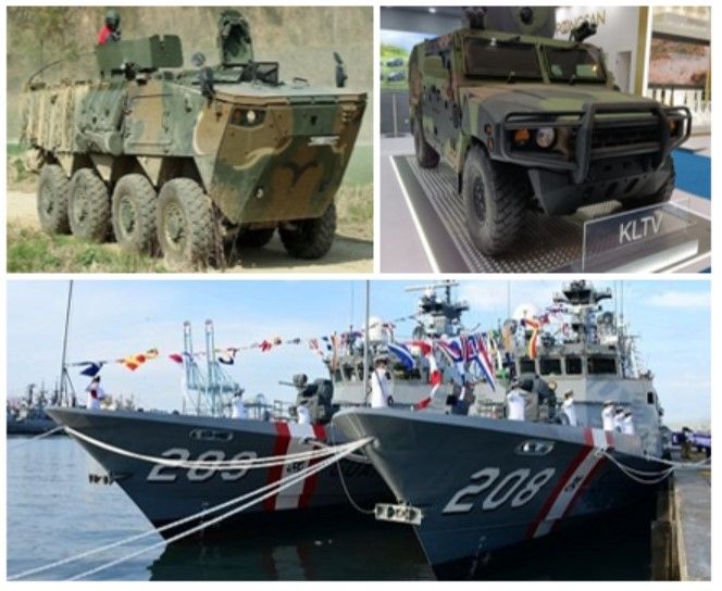 (사진 왼쪽 위부터 시계방향으로) <span id='_stock_code_064350' data-stockcode='064350'>현대로템</span> K808, <span id='_stock_code_000270' data-stockcode='000270'>기아</span> KLTV, 500t 규모 경비함. <span id='_stock_code_011810' data-stockcode='011810'>STX</span> 제공