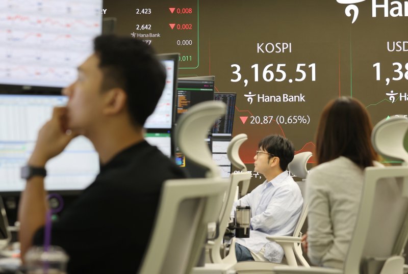 코스피, 개장 후 하락세 (서울&#x3D;연합뉴스) 이재희 기자 &#x3D; 17일 서울 중구 하나은행 본점 딜링룸에서 직원들이 업무를 보고 있다. 이날 코스피는 전장보다 15.04포인트(0.47%) 오른 3,201.42로 시작했으나 9시 20분 현재 하락세를 보이고 있다. 2025.7.17 scape@yna.co.kr (끝)