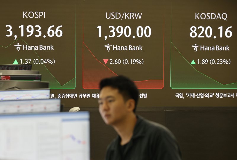 18일 서울 중구 하나은행 본점 딜링룸에서 직원들이 업무를 보고 있다. 연합뉴스 제공