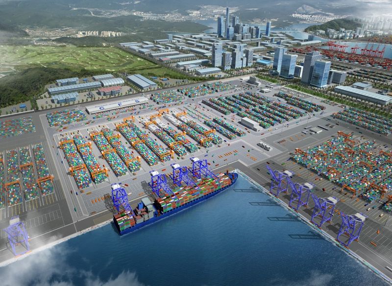 부산항 진해신항 컨테이너부두 1-1단계(2공구) 축조공사 조감도. <span id='_stock_code_009410' data-stockcode='009410'>태영건설</span> 제공