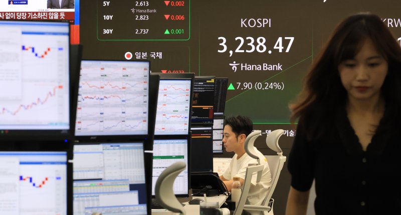 30일 서울 중구 하나은행 본점에서 직원들이 증시와 환율을 모니터하고 있다. /사진=연합뉴스