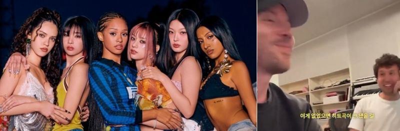 그룹 캣츠아이(왼쪽),  ‘날리’의 작곡자 핑크 슬립이 성관계 신음소리를 삽입한 사실을 인정하는 장면. 출처=하이브, SNS