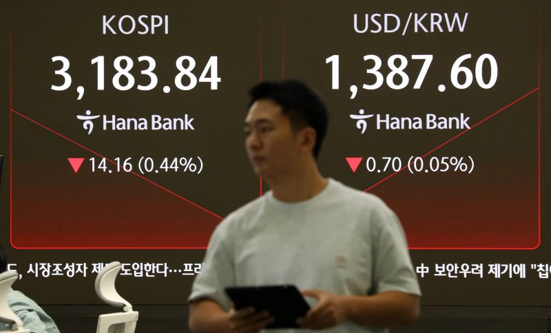 코스피가 전 거래일(3198.00)보다 15.94포인트(0.50%) 내린 3182.06에 개장한 6일 오전 서울 중구 하나은행 딜링룸 전광판에 지수가 표시되고 있다. 사진=뉴시스