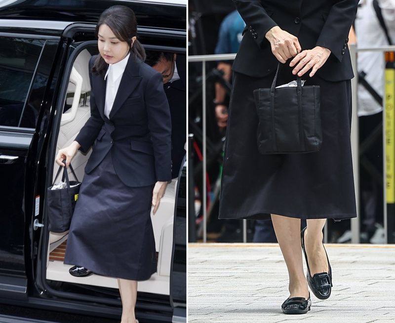 윤석열 전 대통령 배우자 김건희 여사가 6일 서울 종로구 KT광화문빌딩 웨스트에 마련된 민중기 특별검사팀 사무실에 피의자 신분으로 출석하기 위해 차량에서 내리고 있다. 연합뉴스