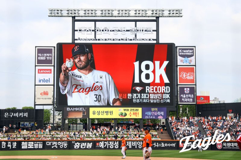 코디 폰세는 지난 5월17일 SSG 랜더스와 더블헤더 1차전에서 KBO리그 한 경기 최다 탈삼진 18개 타이기록을 세웠다. 한화 이글스 제공