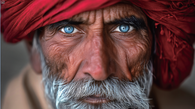 인도 라자스탄 자이살메르 지역의 한 노인이 붉은 터번을 두르고 앉아 있다. 푸른 눈동자와 주름진 얼굴에 문화적 전통과 삶의 깊이가 담겨 있다. -AI 작품