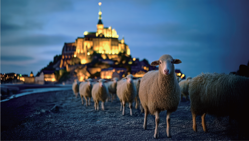 프랑스 몽생미셸 인근 해변에서 한 무리의 양들이 석양 속에서 수도원을 향해 이동하고 있다. - AI 작품
