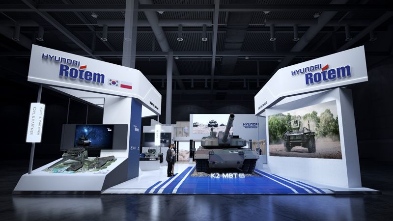폴란드 키엘체에서 오는 2∼5일(현지시간) 열리는 동유럽 최대 규모 방산전시회 '제33회 폴란드 국제방산전시회(MSPO)'에 마련된 <span id='_stock_code_064350' data-stockcode='064350'>현대로템</span> 전시관 전경. 현대로템 제공