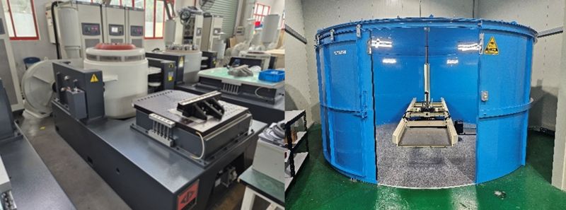 6t 진동 시험기(왼쪽)와 가속도 시험기. <span id='_stock_code_187220' data-stockcode='187220'>디티앤씨</span> 제공