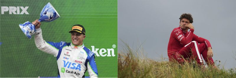 아이작 하자르(레이싱 불스, 왼쪽)가 8월 31일 네덜란드 그랑프리에서 3위에 오른 후 기뻐하고 있다. 오른쪽은 리타이어 후 생각에 잠긴 샤를 르클레르(페라리). 뉴시스