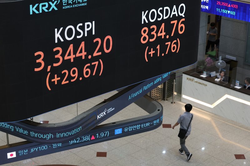 11일 전장보다 29.67포인트(0.90%) 오른 3,344.20으로 거래를 마치며 최고치를 기록한 코스피 종가가 서울 여의도 한국거래소 현황판에 표시돼 있다. 연합뉴스 제공