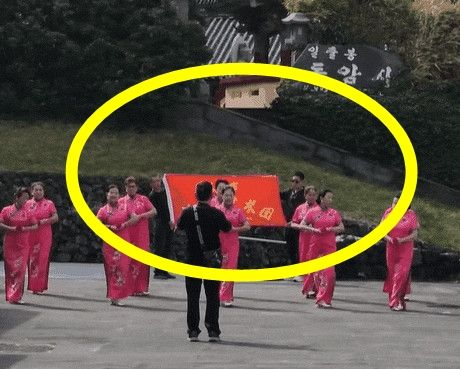 중국의 전통 의상인 분홍색 치파오를 입은 여성들이 성산일출봉 동암사 인근에서 춤을 추고 있다.사진&#x3D;SNS 캡처
