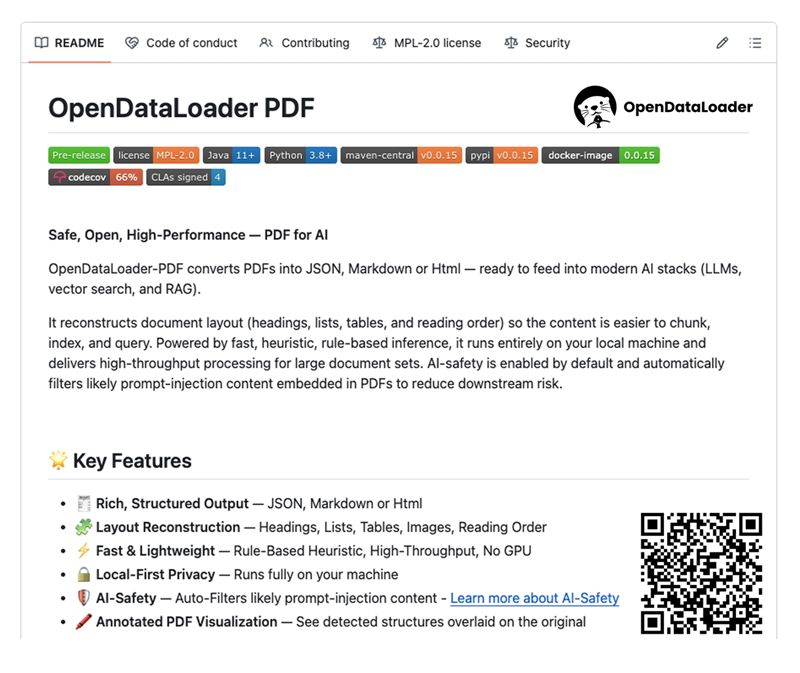 한컴이 공개한 오픈데이터로더 PDF 공식 깃허브 페이지. 한컴 제공