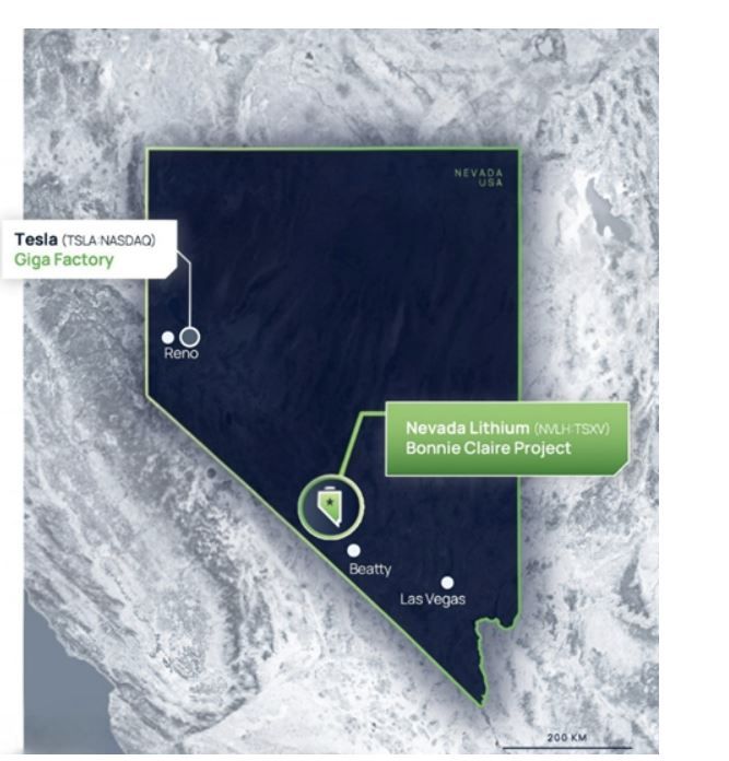     미국 네바다주 라스베이거스와 리노 사이에 위치한 네바다리튬의 보니 클레어 핵심광물 프로젝트. 네바다리튬 홈페이지 게시 발표자       료, <span id='_stock_code_101670' data-stockcode='101670'>하이드로리튬</span> 제공. 