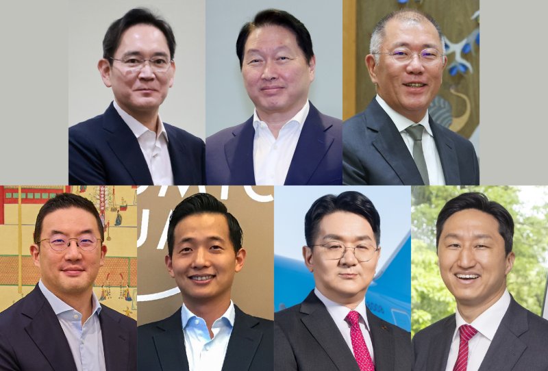 이재용 삼성전자 회장(왼쪽 맨위), 최태원 SK그룹 회장, 정의선 현대차그룹 회장, 구광모 LG그룹 회장, 김동관 한화그룹 부회장, 조원태 한진그룹 회장, 정기선 <span id='_stock_code_267250' data-stockcode='267250'>HD현대</span> 수석부회장.
