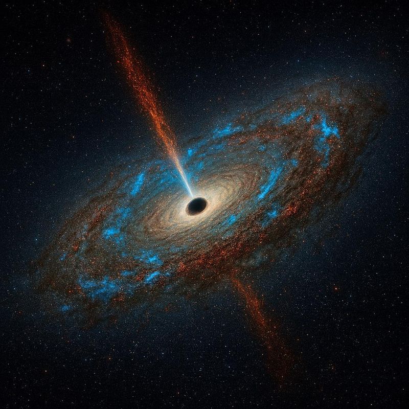 두꺼운 먼지에 싸인 모은하에서 강한 푸른빛이 보이는 초대질량 블랙홀 은하 상상도. 한국천문연구원 제공