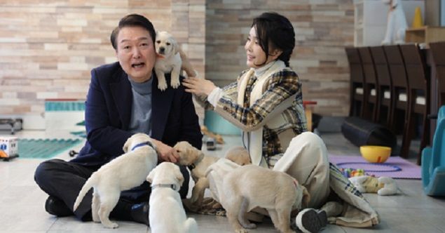 윤석열 전 대통령 부부가 반려견들과 휴식을 취하고 있다. 대통령실.