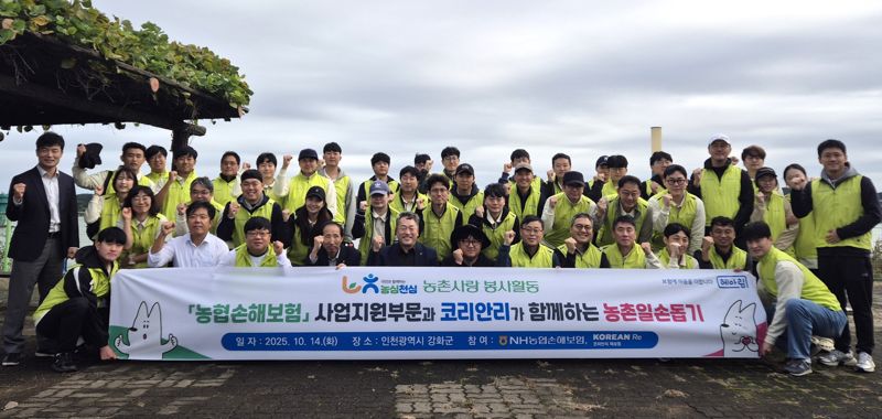 NH농협손해보험은 지난 14일 <span id='_stock_code_003690' data-stockcode='003690'>코리안리</span>재보험 임직원과 함께 인천 강화군 일대 농가들을 방문해 합동 농촌 일손돕기를 실시했다. 김철회 농협손해보험 사업지원부사장(앞줄 오른쪽 여섯번째)을 비롯한 양사 임직원들이 기념촬영을 하고 있다. NH농협손해보험 제공