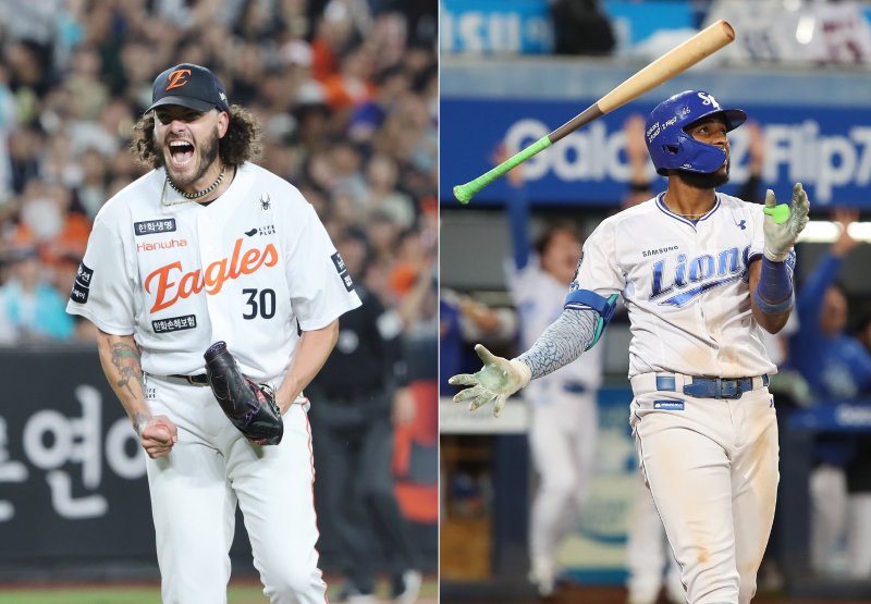 한화 이글스의 <span id='_stock_code_080530' data-stockcode='080530'>코디</span> 폰세(왼쪽)와 삼성 라이온즈의 르윈 디아즈. 뉴스1