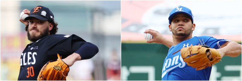 오는 17일 대전 <span id='_stock_code_000880' data-stockcode='000880'>한화</span>생명 볼파크에서 열리는 프로야구 플레이오프 1차전에 한화 이글스 <span id='_stock_code_080530' data-stockcode='080530'>코디</span> 폰세(왼쪽)와 삼성 라이온즈 헤르손 가라비토가 선발투수로 예고됐다.연합뉴스