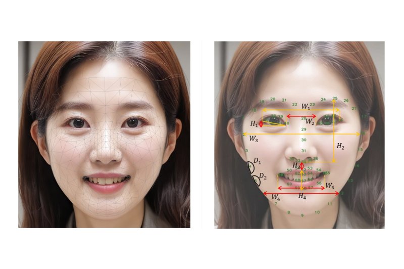 안면 특징점 추출 기술 적용 예시(왼쪽), 얼굴 부위별 6가지 노화 지표 정의 예시(오른쪽). <span id='_stock_code_051900' data-stockcode='051900'>LG생활건강</span> 제공