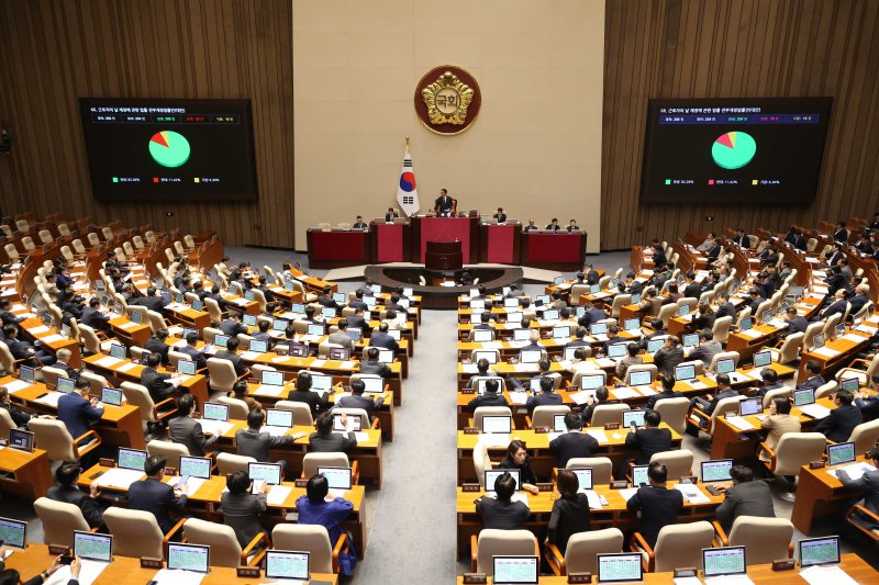 26일 오후 서울 여의도 국회 본회의장에서 열린 제429회 국회(정기회) 제10차 본회의에서 근로자의 날 제정에 관한 법률 전부개정법률안(대안)이 가결되고 있다. 2025.10.26.  /사진=뉴시스