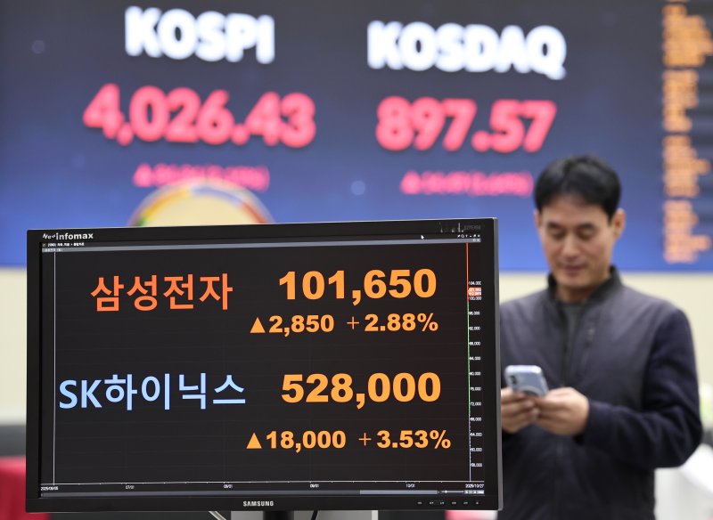 27일 오전 서울 여의도 한국거래소에 삼성전자와 <span id='_stock_code_000660' data-stockcode='000660'>SK하이닉스</span> 주가가 표시되고 있다.  &#x2F;사진&#x3D;뉴스1