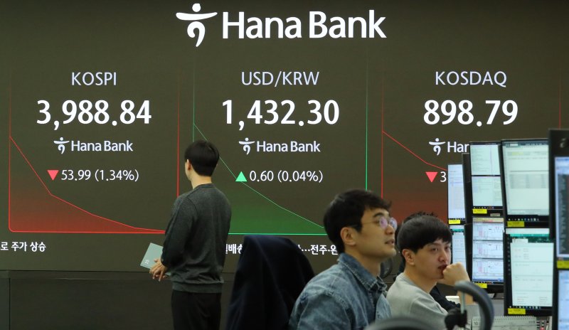 28일 서울 중구 하나은행 딜링룸 전광판에 지수가 표시되고 있다. 뉴시스 제공
