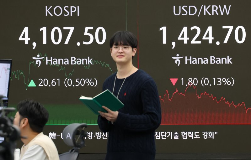 코스피가 종가 기준 사상 최고치를 찍은 31일 오후 서울 중구 하나은행 본점 딜링룸 전광판에 종가가 표시되고 있다. 뉴스1 제공. 