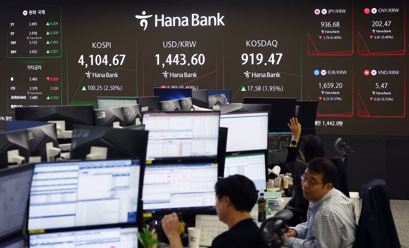 6일 오전 서울 중구 하나은행 본점 딜링룸 전광판에 코스피 지수가 나오고 있다. 뉴스1 제공