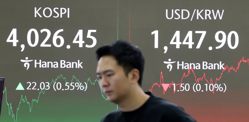 6일 코스피지수는 전 거래일보다 22.03p(0.55%) 오른 4026.45, 코스닥지수는 3.72p(0.41%) 하락한 898.17에 각각 장을 마감했다. 이날 서울 중구 하나은행 본점 딜링룸에 지수와 환율이 표시되고 있다. 연합뉴스