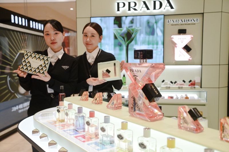 롯데백화점 부산본점 1층 '프라다 뷰티'에서 직원들이 연말 시즌을 맞아 다양한 기프트 세트를 선보이고 있다. <span id='_stock_code_023530' data-stockcode='023530'>롯데쇼핑</span> 제공 