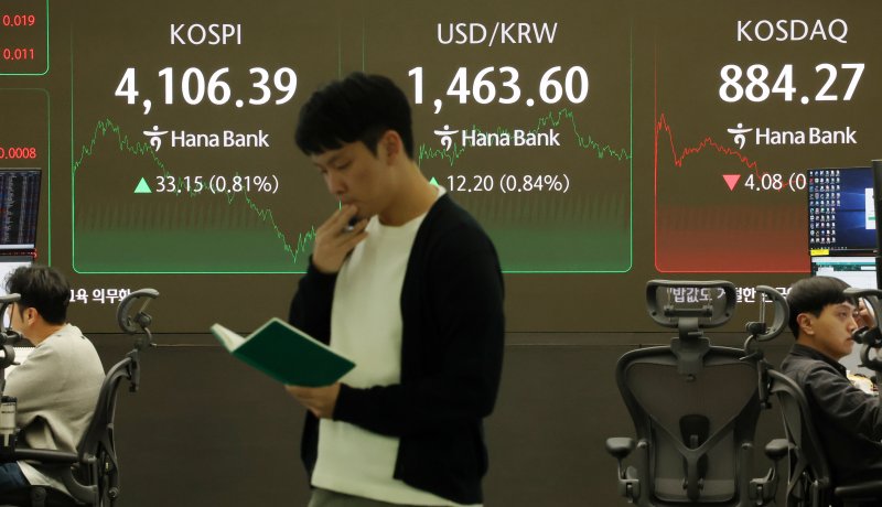 11일 오후 서울 중구 하나은행 딜링룸 전광판에 지수가 표시되고 있다. &#x2F;사진&#x3D;뉴시스