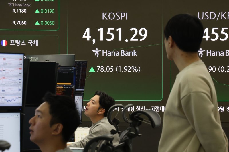 코스피가 상승 개장한 11일 오전 서울 중구 하나은행 본점 딜링룸 현황판에 코스피 지수가 전 거래일 대비 78.05포인트(1.92%)상승한 4,151.29에 거래되고 있다. /사진=뉴스1