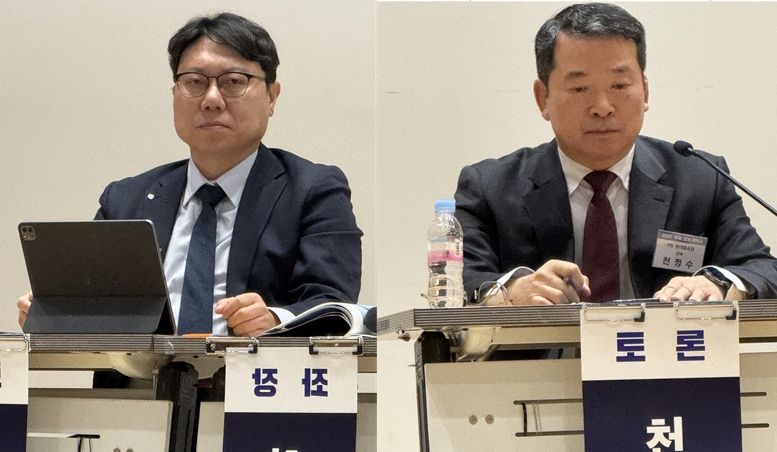 13일 국회 의원회관에서 열린 '변화하는 국제정세에 따른 한미조선해양협력' 세미나에서 김대식 한화오션 특수선MRO사업담당 상무, 천정수 HD현대중공업 특수선사업부 전무(왼쪽부터)가 토론하고 있다. 사진=강구귀 기자