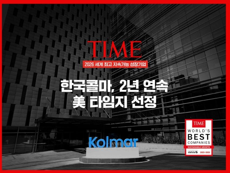 <span id='_stock_code_161890' data-stockcode='161890'>한국콜마</span> 타임 &#39;세계 최고 지속가능 성장기업&#39; 2년 연속 선정 홍보 이미지. 한국콜마 제공