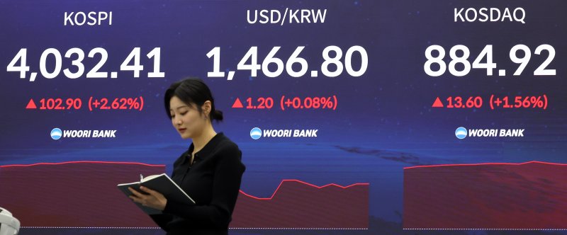 20일 서울 중구 <span id='_stock_code_000030' data-stockcode='000030'>우리은행</span> 본점 딜링룸 현황판에 코스피 지수, 원달러 환율, 코스닥 지수가 표시돼 있다. /사진=연합뉴스