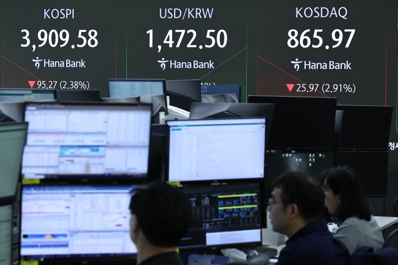 21일 오전 서울 중구 하나은행 딜링룸 전광판에 코스피, 코스닥과 원달러환율 시황이 나타나고 있다. 사진&#x3D;뉴스1