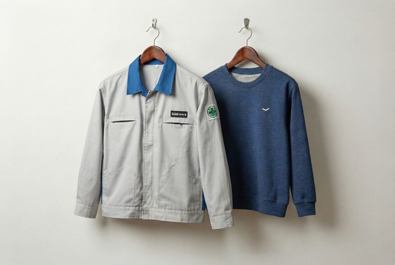 폐근무복 업사이클링 캠페인에 참여한 세아베스틸 근무복과 업사이클링으로 탄생한 아동용 맨투맨. 세아그룹 제공