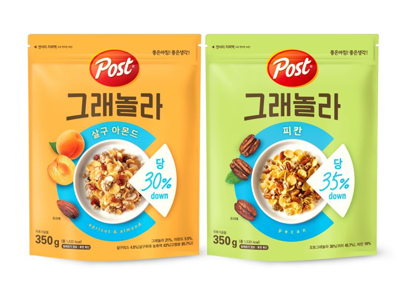 <span id='_stock_code_026960' data-stockcode='026960'>동서</span>식품에서 출시한 당 저감 &#39;포스트 그래놀라 살구 아몬드&#39;와 &#39;포스트 그래놀라 피칸&#39; 이미지. 동서식품 제공